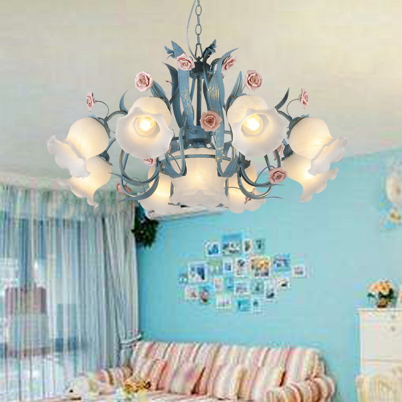 Pastoral Style Floral Frosted Glass Pendant Chandelier - 4/6/9 Heads Blue