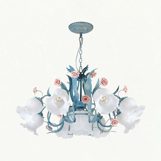 Pastoral Style Floral Frosted Glass Pendant Chandelier - 4/6/9 Heads Blue