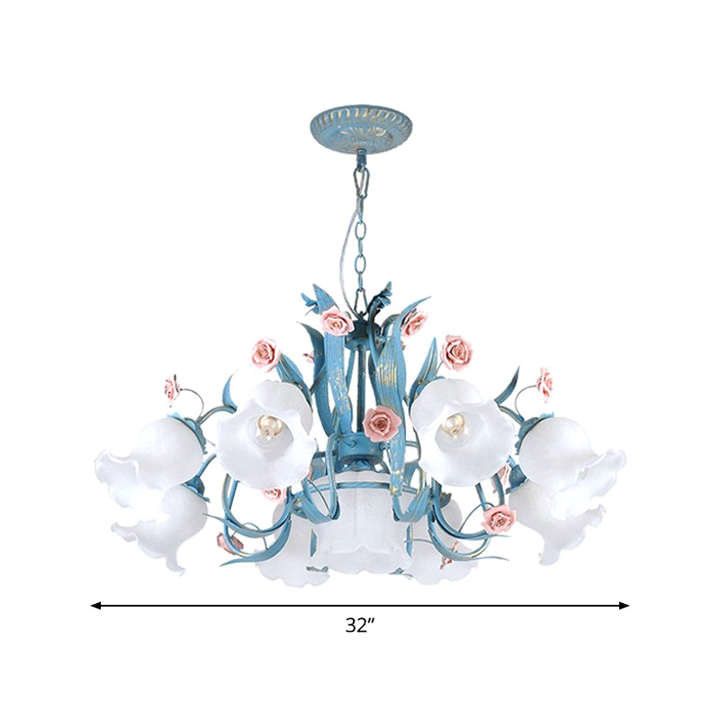 Pastoral Style Floral Frosted Glass Pendant Chandelier - 4/6/9 Heads Blue