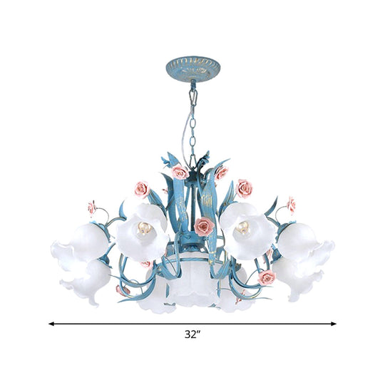 Pastoral Style Floral Frosted Glass Pendant Chandelier - 4/6/9 Heads Blue