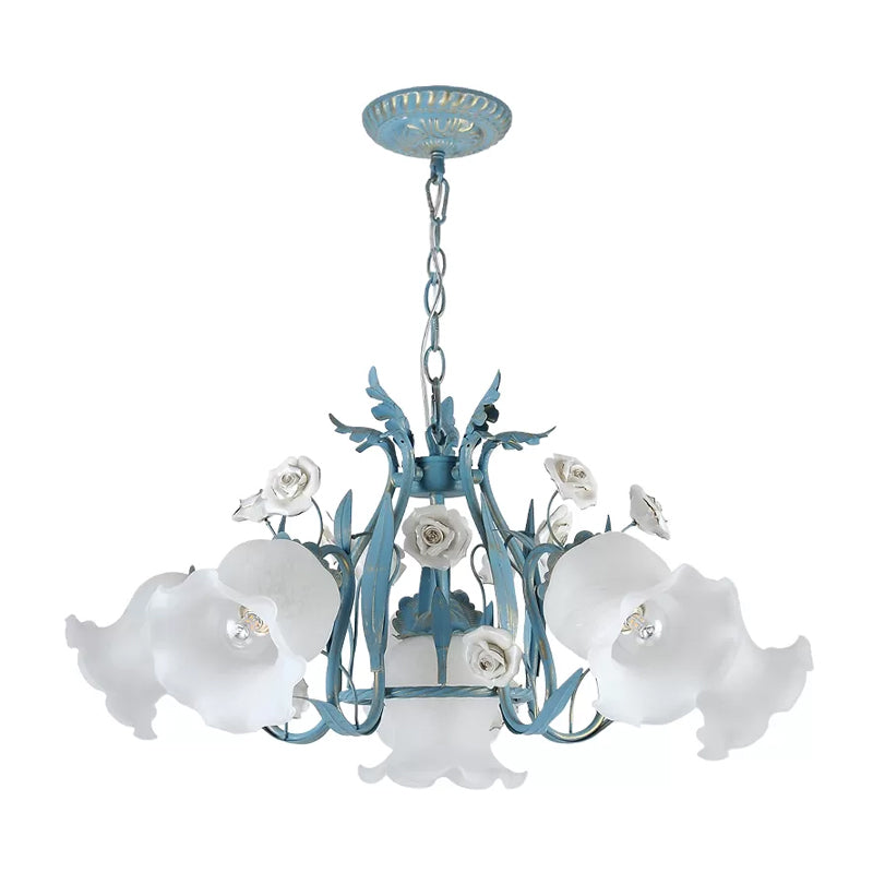 Pastoral Style Floral Frosted Glass Pendant Chandelier - 4/6/9 Heads Blue