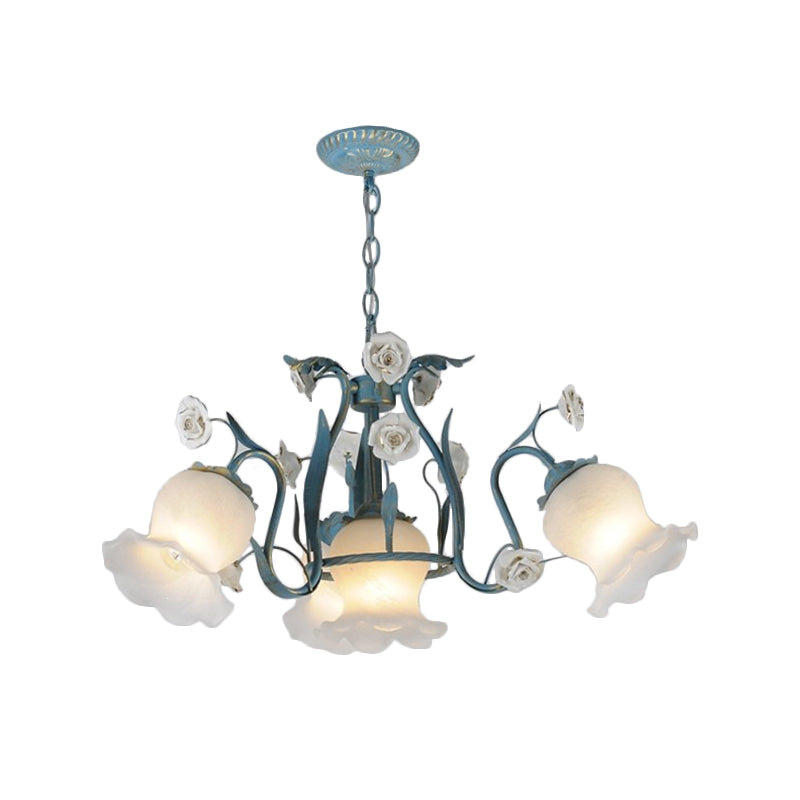 Pastoral Style Floral Frosted Glass Pendant Chandelier - 4/6/9 Heads Blue