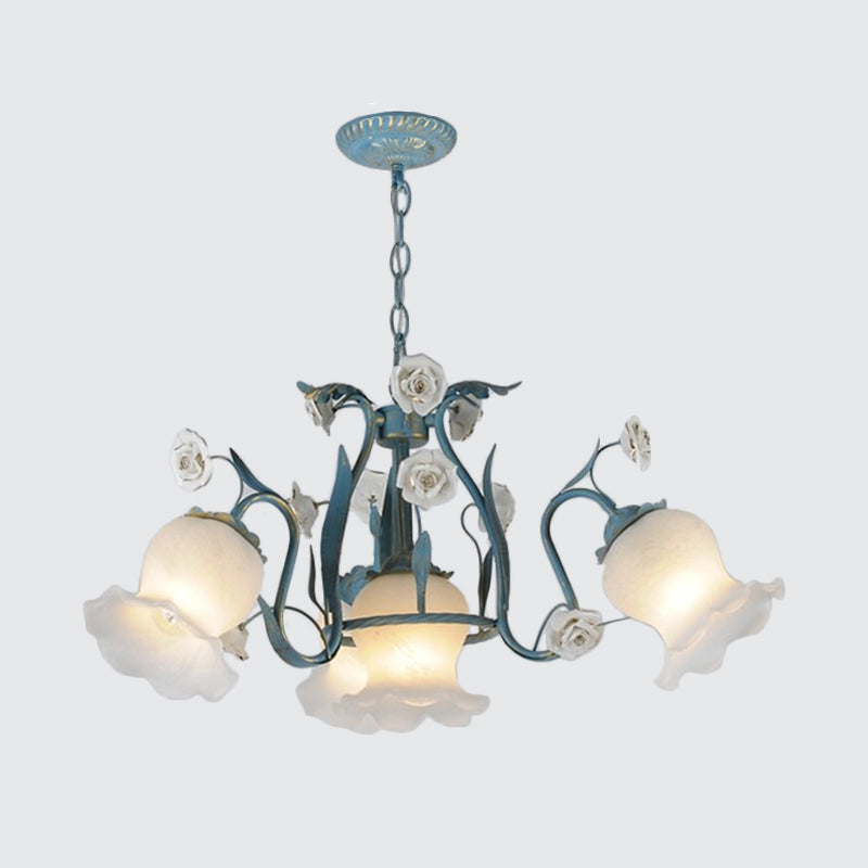 Pastoral Style Floral Frosted Glass Pendant Chandelier - 4/6/9 Heads Blue