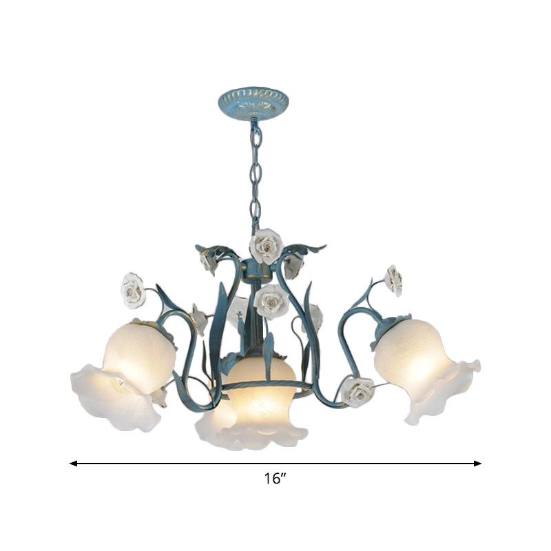 Pastoral Style Floral Frosted Glass Pendant Chandelier - 4/6/9 Heads Blue