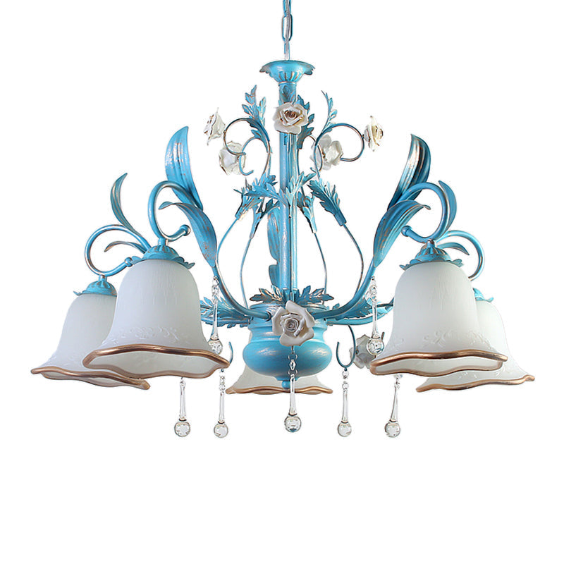 Countryside Bedroom Pendant Chandelier With Frosted Glass Shade And Crystal Decor In Blue - 3/5/8