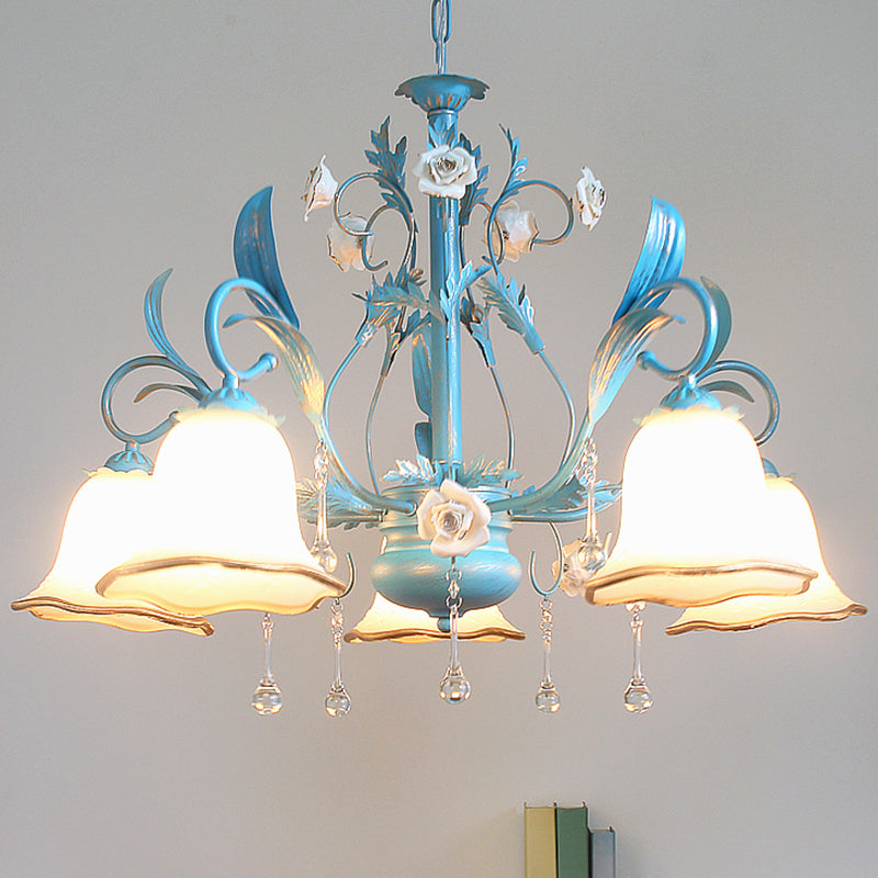 Countryside Bedroom Pendant Chandelier With Frosted Glass Shade And Crystal Decor In Blue - 3/5/8