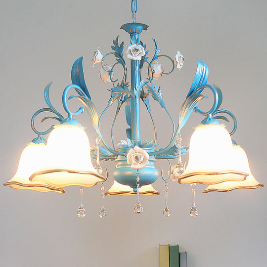 Countryside Bedroom Pendant Chandelier With Frosted Glass Shade And Crystal Decor In Blue - 3/5/8