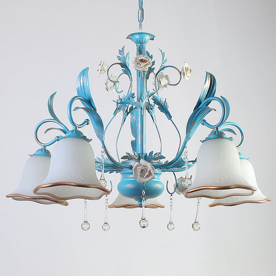 Countryside Bedroom Pendant Chandelier With Frosted Glass Shade And Crystal Decor In Blue - 3/5/8