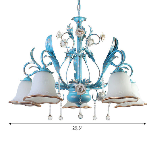 Countryside Bedroom Pendant Chandelier With Frosted Glass Shade And Crystal Decor In Blue - 3/5/8