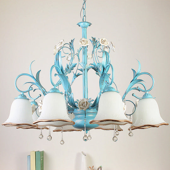 Countryside Bedroom Pendant Chandelier With Frosted Glass Shade And Crystal Decor In Blue - 3/5/8