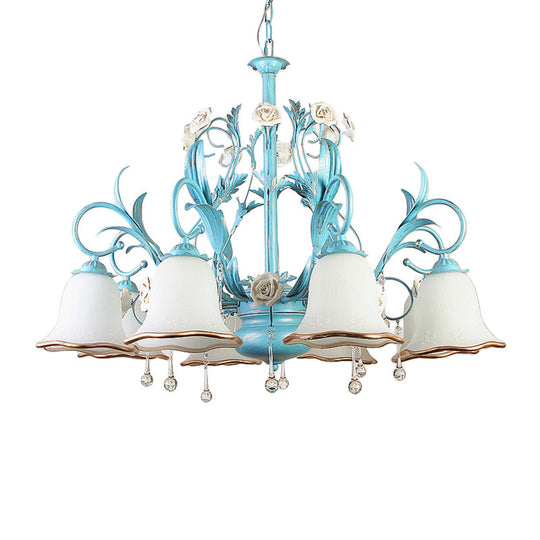 Countryside Bedroom Pendant Chandelier With Frosted Glass Shade And Crystal Decor In Blue - 3/5/8