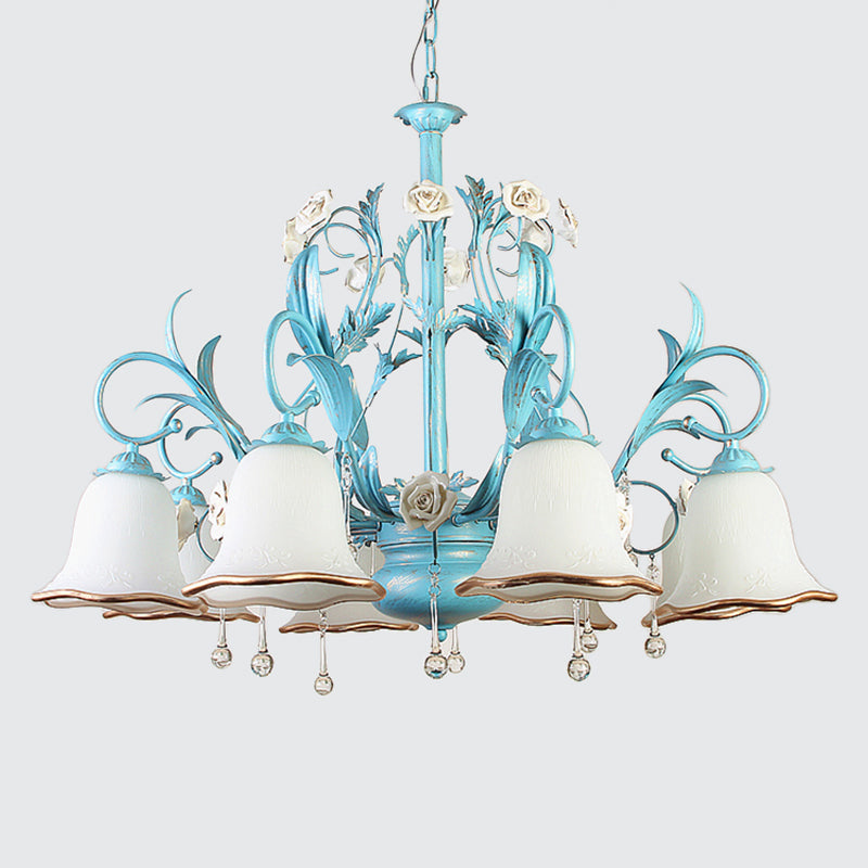 Countryside Bedroom Pendant Chandelier With Frosted Glass Shade And Crystal Decor In Blue - 3/5/8