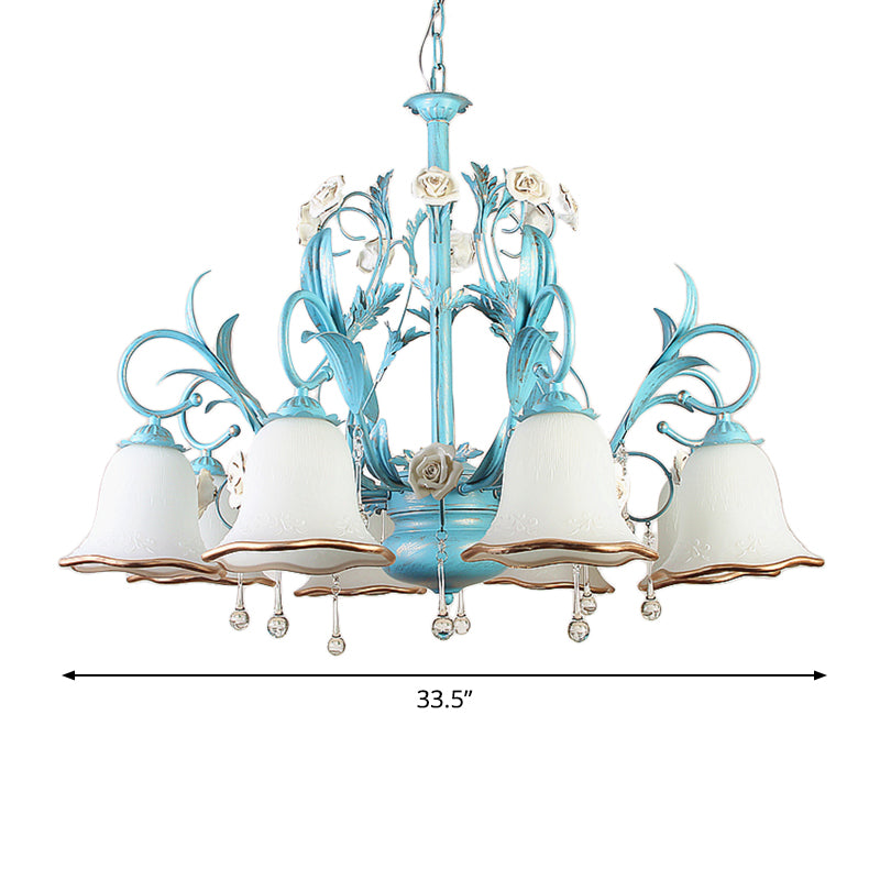 Countryside Bedroom Pendant Chandelier With Frosted Glass Shade And Crystal Decor In Blue - 3/5/8