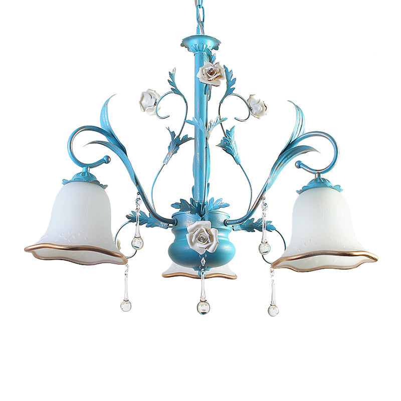 Countryside Bedroom Pendant Chandelier With Frosted Glass Shade And Crystal Decor In Blue - 3/5/8