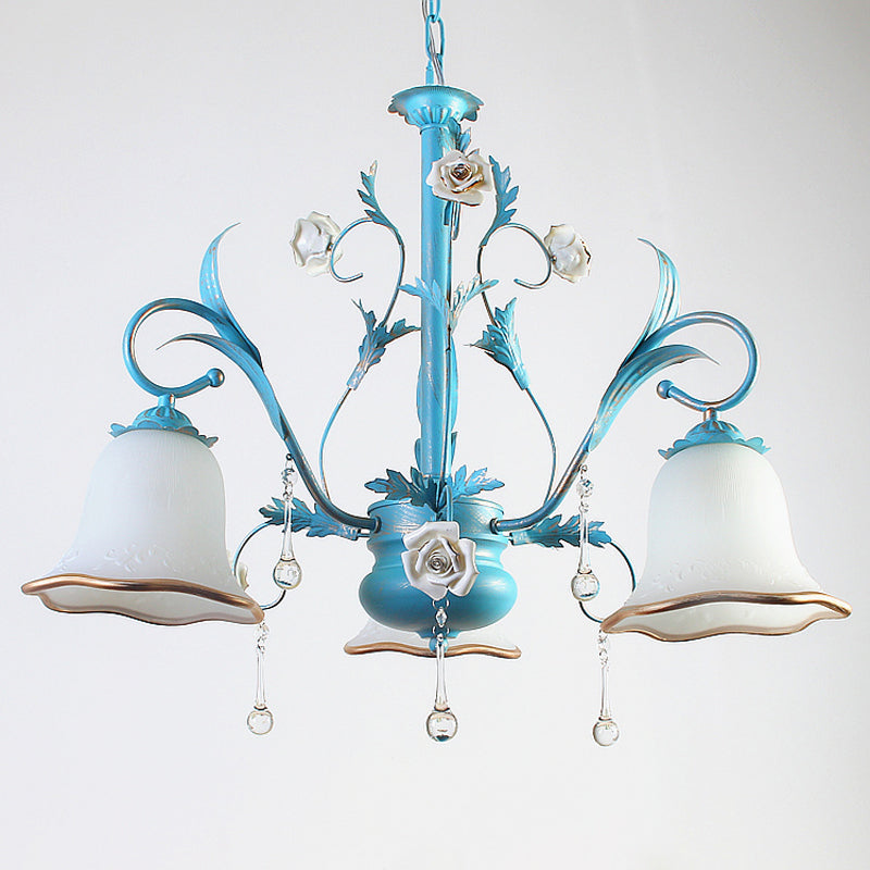 Countryside Bedroom Pendant Chandelier With Frosted Glass Shade And Crystal Decor In Blue - 3/5/8