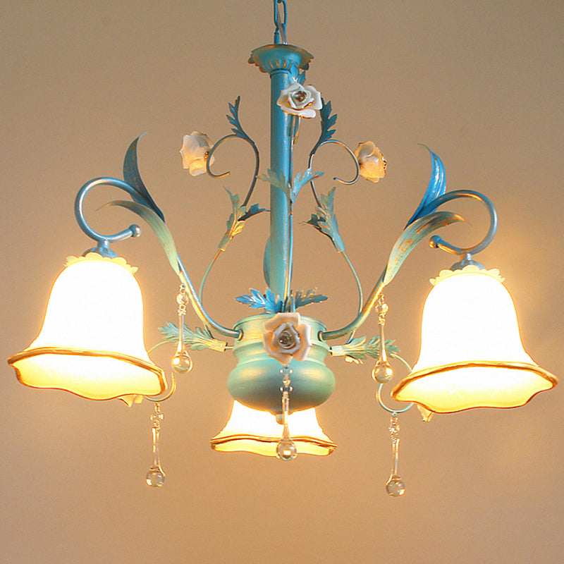 Countryside Bedroom Pendant Chandelier With Frosted Glass Shade And Crystal Decor In Blue - 3/5/8