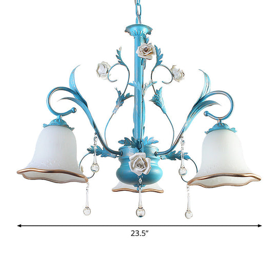 Countryside Bedroom Pendant Chandelier With Frosted Glass Shade And Crystal Decor In Blue - 3/5/8