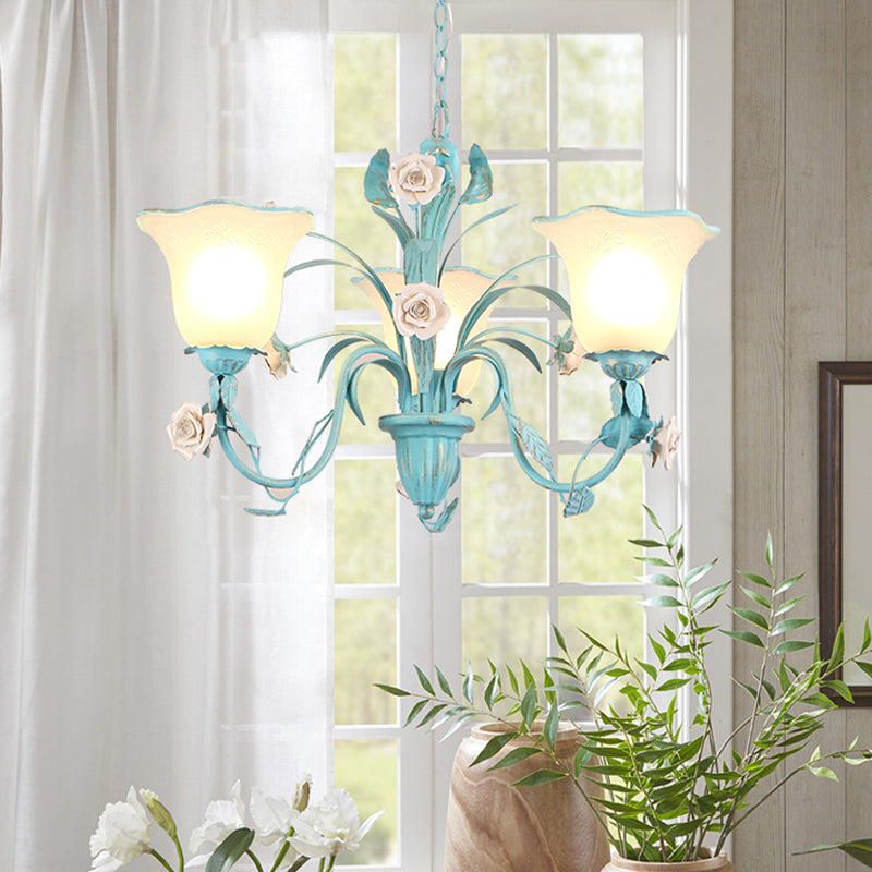 Romantic Blue Floral Frosted Glass Hanging Chandelier - 3/5-Light Pendant Ceiling Light For Bedrooms