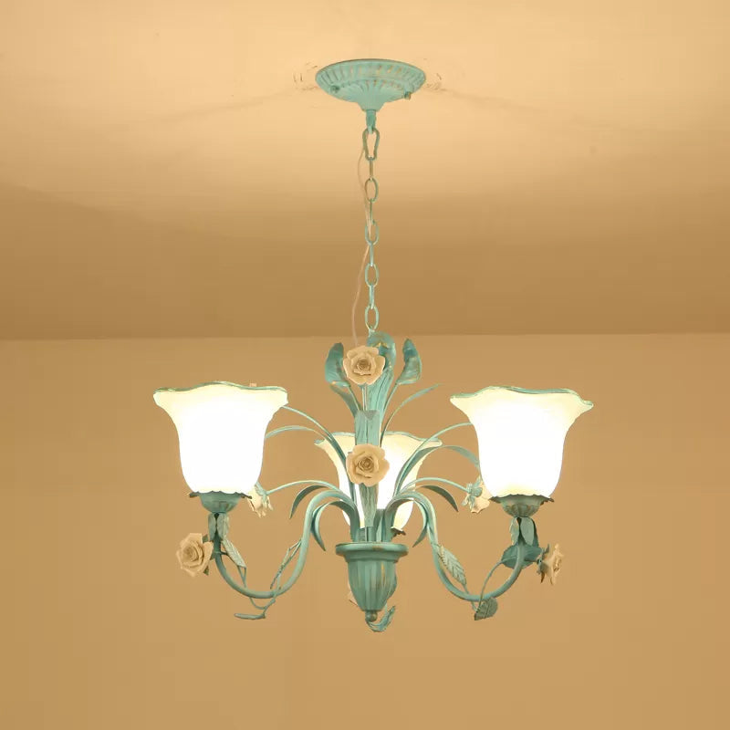 Romantic Blue Floral Frosted Glass Hanging Chandelier - 3/5-Light Pendant Ceiling Light For Bedrooms