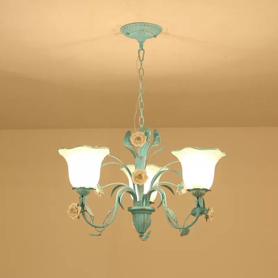 Romantic Blue Floral Frosted Glass Hanging Chandelier - 3/5-Light Pendant Ceiling Light For Bedrooms