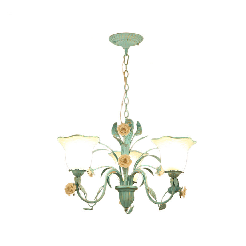 Romantic Blue Floral Frosted Glass Hanging Chandelier - 3/5-Light Pendant Ceiling Light For Bedrooms