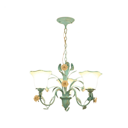 Romantic Blue Floral Frosted Glass Hanging Chandelier - 3/5-Light Pendant Ceiling Light For Bedrooms