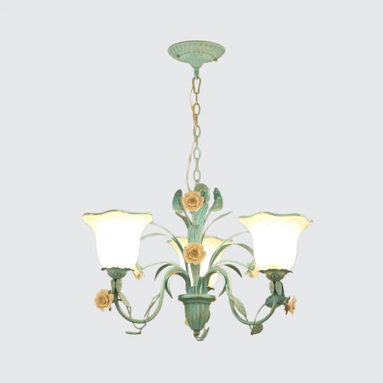 Romantic Blue Floral Frosted Glass Hanging Chandelier - 3/5-Light Pendant Ceiling Light For Bedrooms