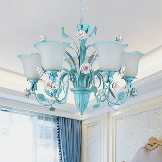 Romantic Blue Floral Frosted Glass Hanging Chandelier - 3/5-Light Pendant Ceiling Light For Bedrooms