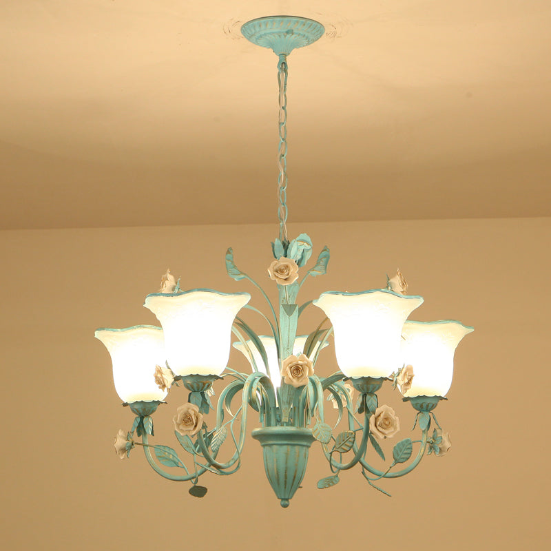 Romantic Blue Floral Frosted Glass Hanging Chandelier - 3/5-Light Pendant Ceiling Light For Bedrooms