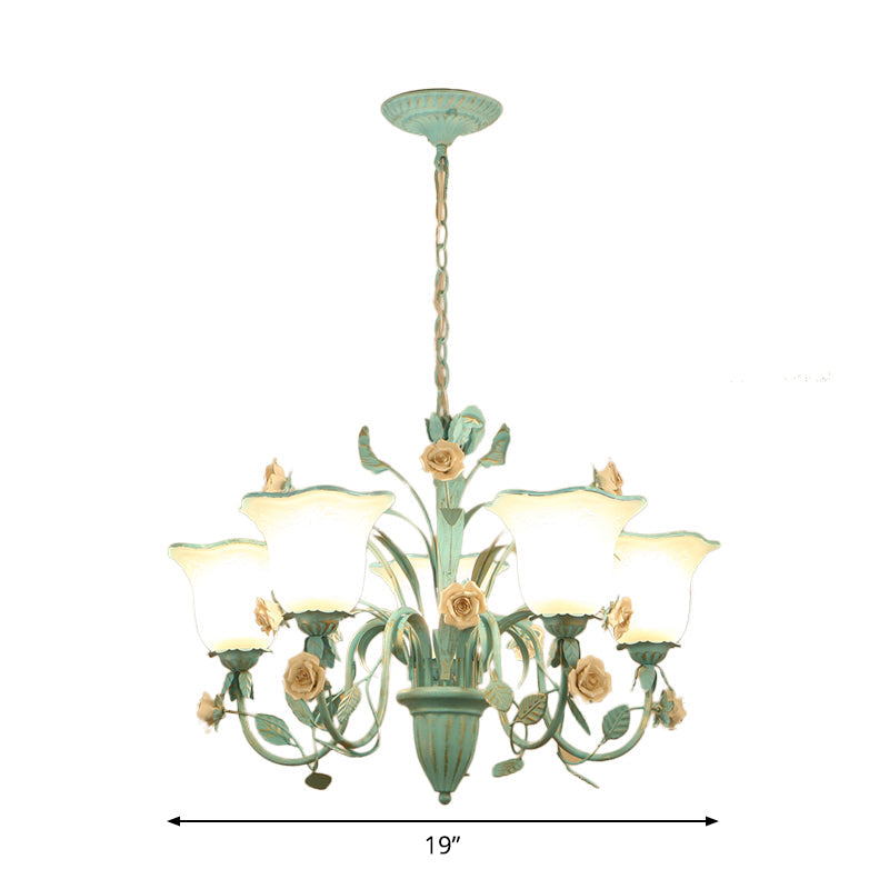 Romantic Blue Floral Frosted Glass Hanging Chandelier - 3/5-Light Pendant Ceiling Light For Bedrooms