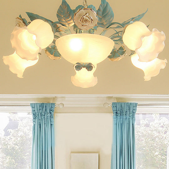 Pastoral Style Floral Chandelier With Frosted Blue Glass Shade - 7-Light Pendant Lamp For Living