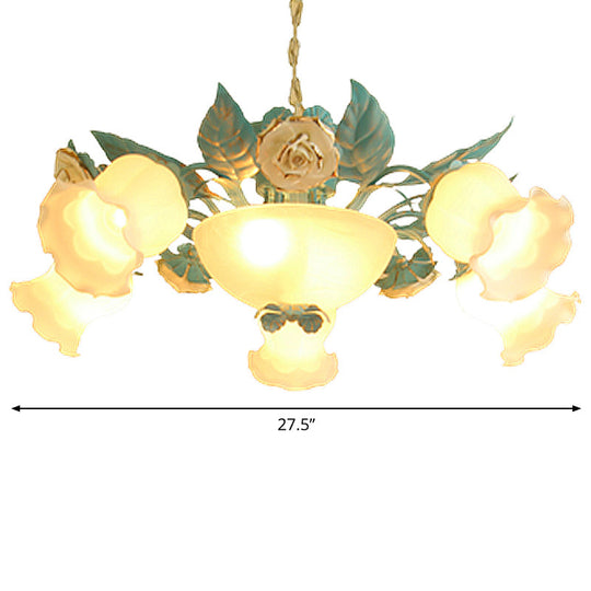 Pastoral Style Floral Chandelier With Frosted Blue Glass Shade - 7-Light Pendant Lamp For Living