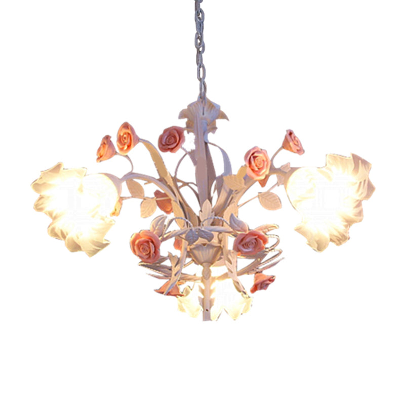 Romantic Flower Hanging Chandelier With Frosted Glass Pendants - Set Of 3 Bulbs In White