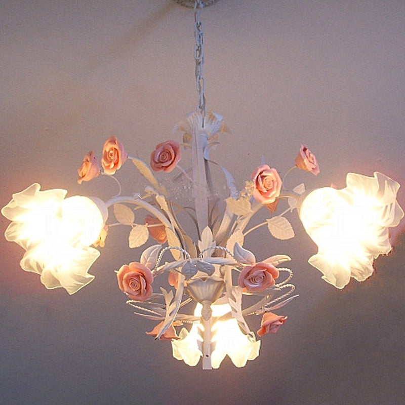 Romantic Flower Hanging Chandelier With Frosted Glass Pendants - Set Of 3 Bulbs In White