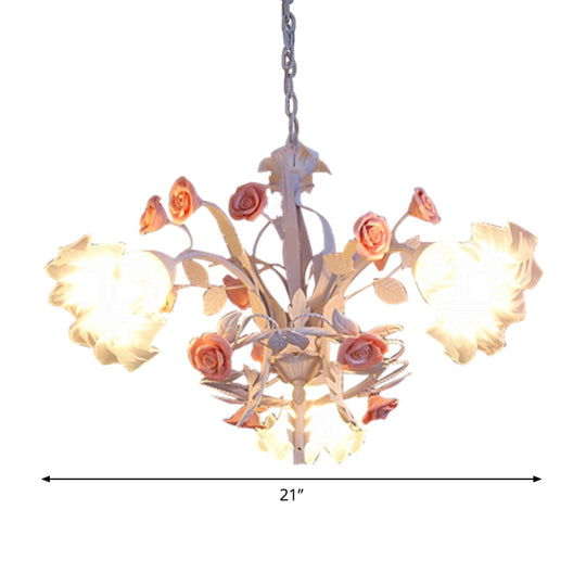 Romantic Flower Hanging Chandelier With Frosted Glass Pendants - Set Of 3 Bulbs In White