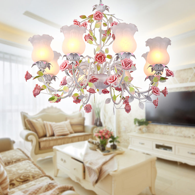 Korean Garden Chandelier Lamp - 6/8 Heads Red Flowered Shade With White Frosted Glass For Living