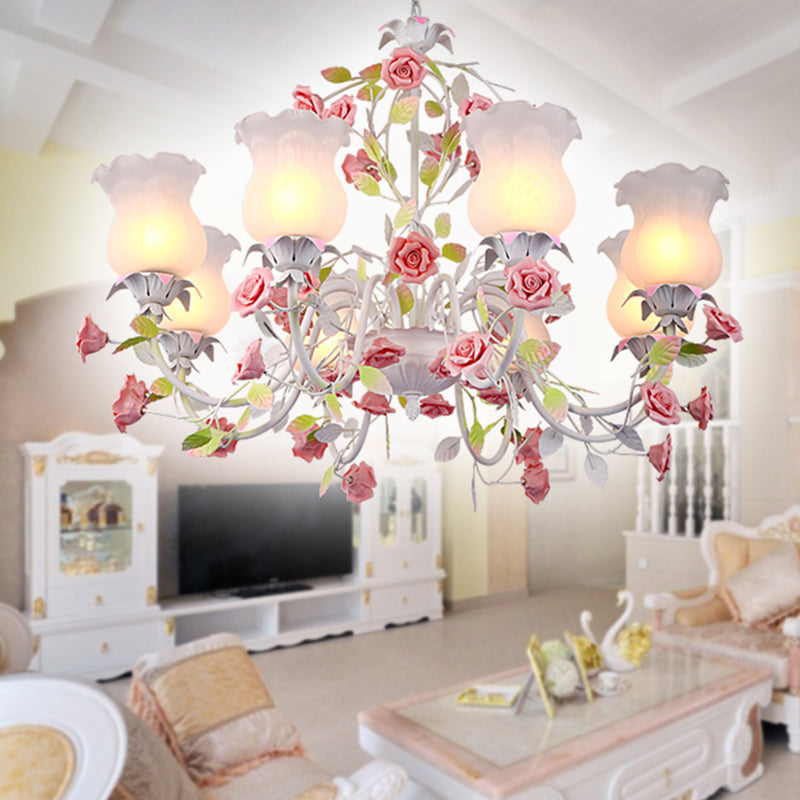 Korean Garden Chandelier Lamp - 6/8 Heads Red Flowered Shade With White Frosted Glass For Living