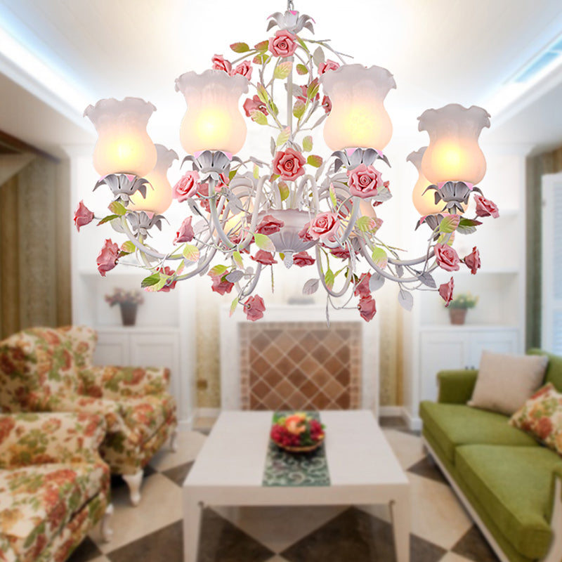 Korean Garden Chandelier Lamp - 6/8 Heads Red Flowered Shade With White Frosted Glass For Living