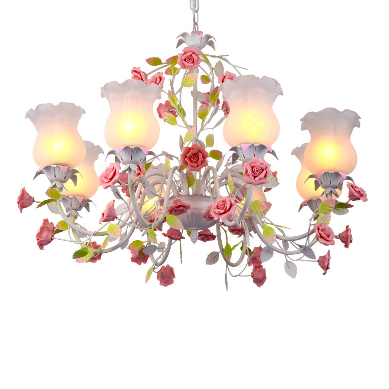 Korean Garden Chandelier Lamp - 6/8 Heads Red Flowered Shade With White Frosted Glass For Living