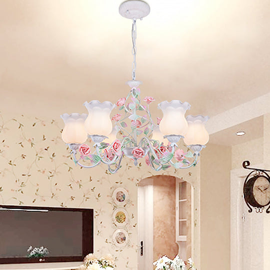 Korean Garden Chandelier Lamp - 6/8 Heads Red Flowered Shade With White Frosted Glass For Living