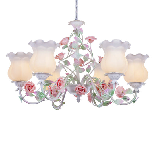 Korean Garden Chandelier Lamp - 6/8 Heads Red Flowered Shade With White Frosted Glass For Living