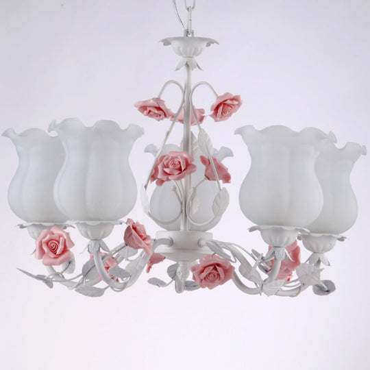 American Garden Flower Chandelier Light - 5-Light White Pendant Ceiling Fixture With Frosted Glass