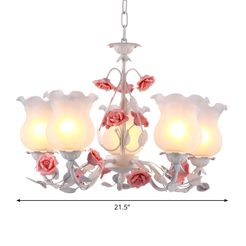 American Garden Flower Chandelier Light - 5-Light White Pendant Ceiling Fixture With Frosted Glass