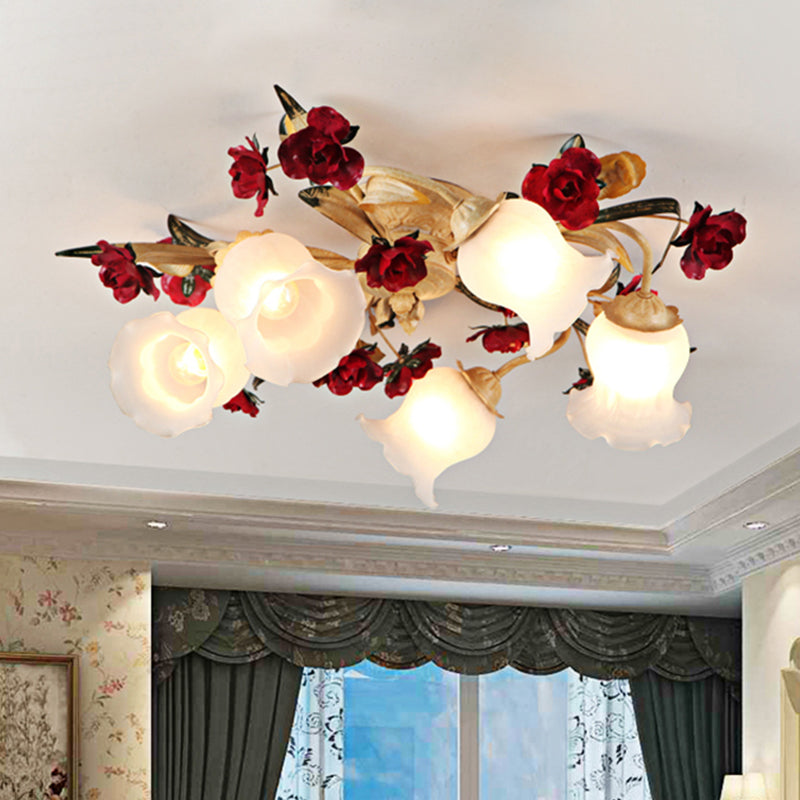 Romantic Pastoral Living Room Semi Flush Mount with Flower Frosted Glass Shade in White - 3/5-Light Flush Lamp