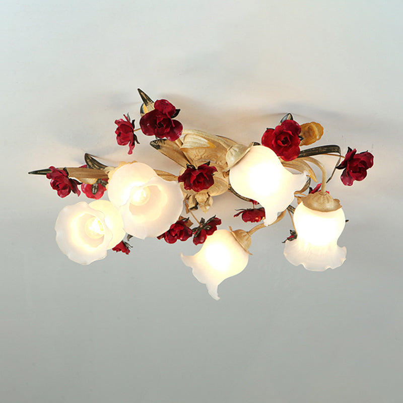 Romantic Pastoral Living Room Semi Flush Mount with Flower Frosted Glass Shade in White - 3/5-Light Flush Lamp