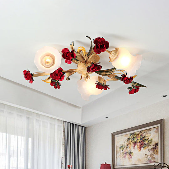 Romantic Pastoral Living Room Semi Flush Mount with Flower Frosted Glass Shade in White - 3/5-Light Flush Lamp