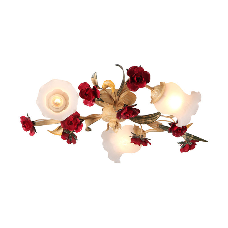 Romantic Pastoral Living Room Semi Flush Mount with Flower Frosted Glass Shade in White - 3/5-Light Flush Lamp