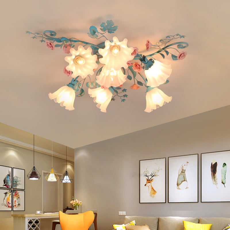 Korean Garden Flower Frosted Glass Semi Flush Mount Ceiling Light - 7/9 Lights White/Pink