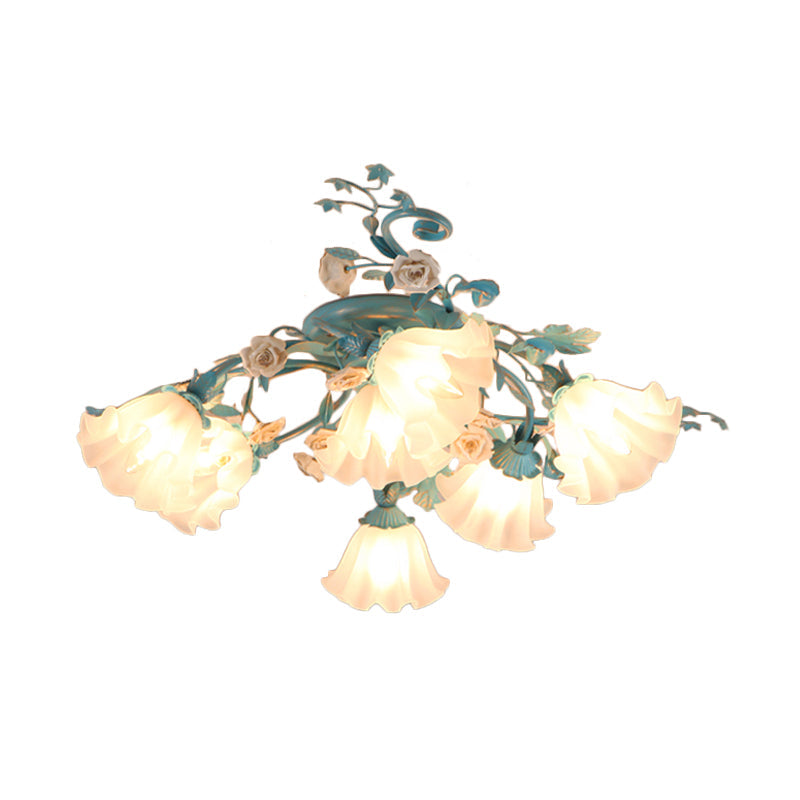 Korean Garden Flower Frosted Glass Semi Flush Mount Ceiling Light - 7/9 Lights White/Pink