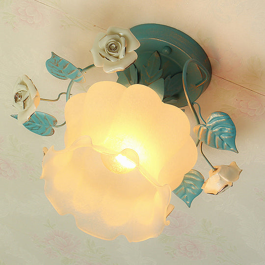 Pastoral Floral Living Room Flush Mount Light with Frosted White Glass and Blue Accent